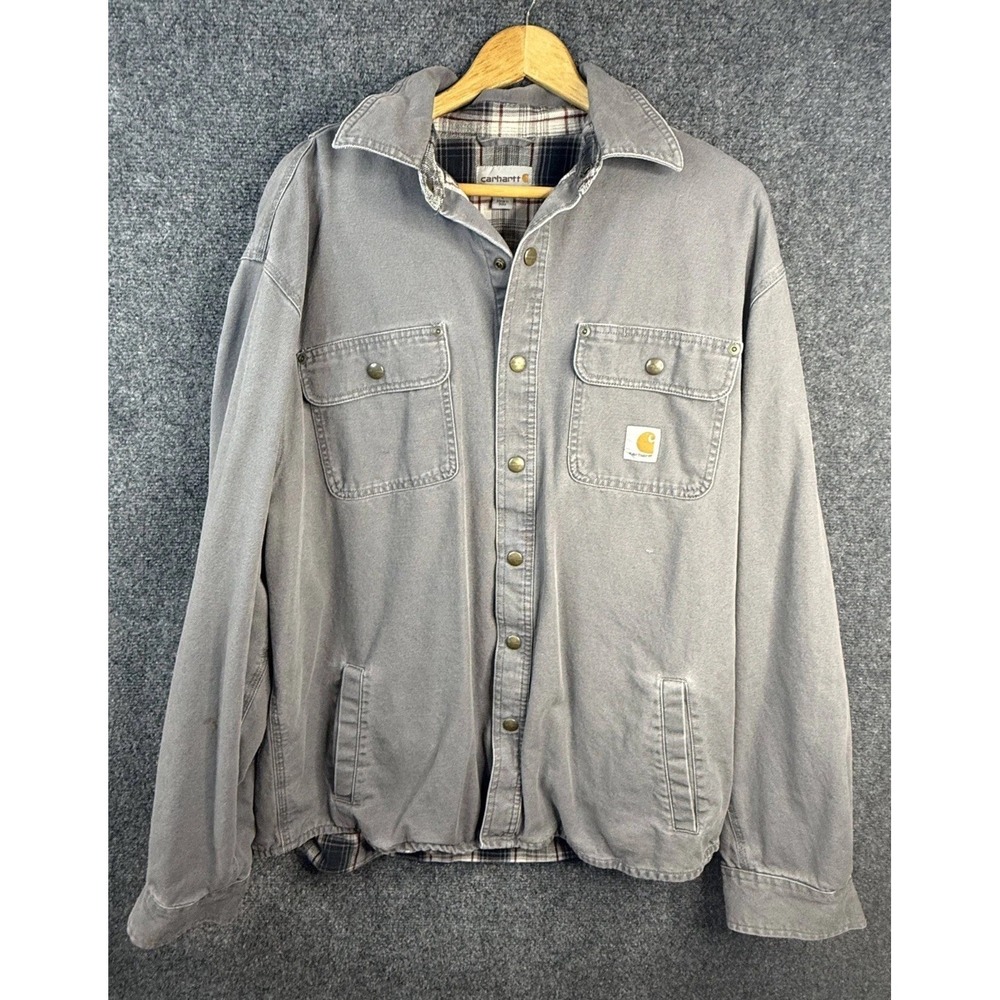 Carhartt Weathered Canvas Lined Jacket Men's Size L Gray Collared Snap On WORN